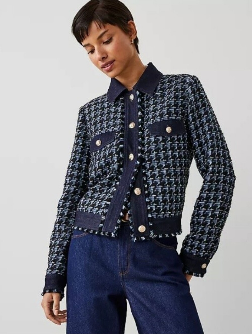 Houndstooth Fringe Tweed Denim Jacket